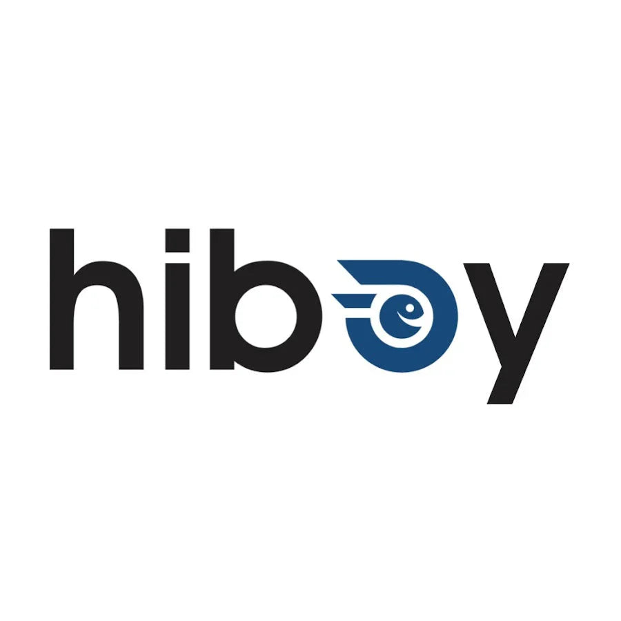 HIBOY logo with bold black letters and a blue circular emblem forming the letter o.