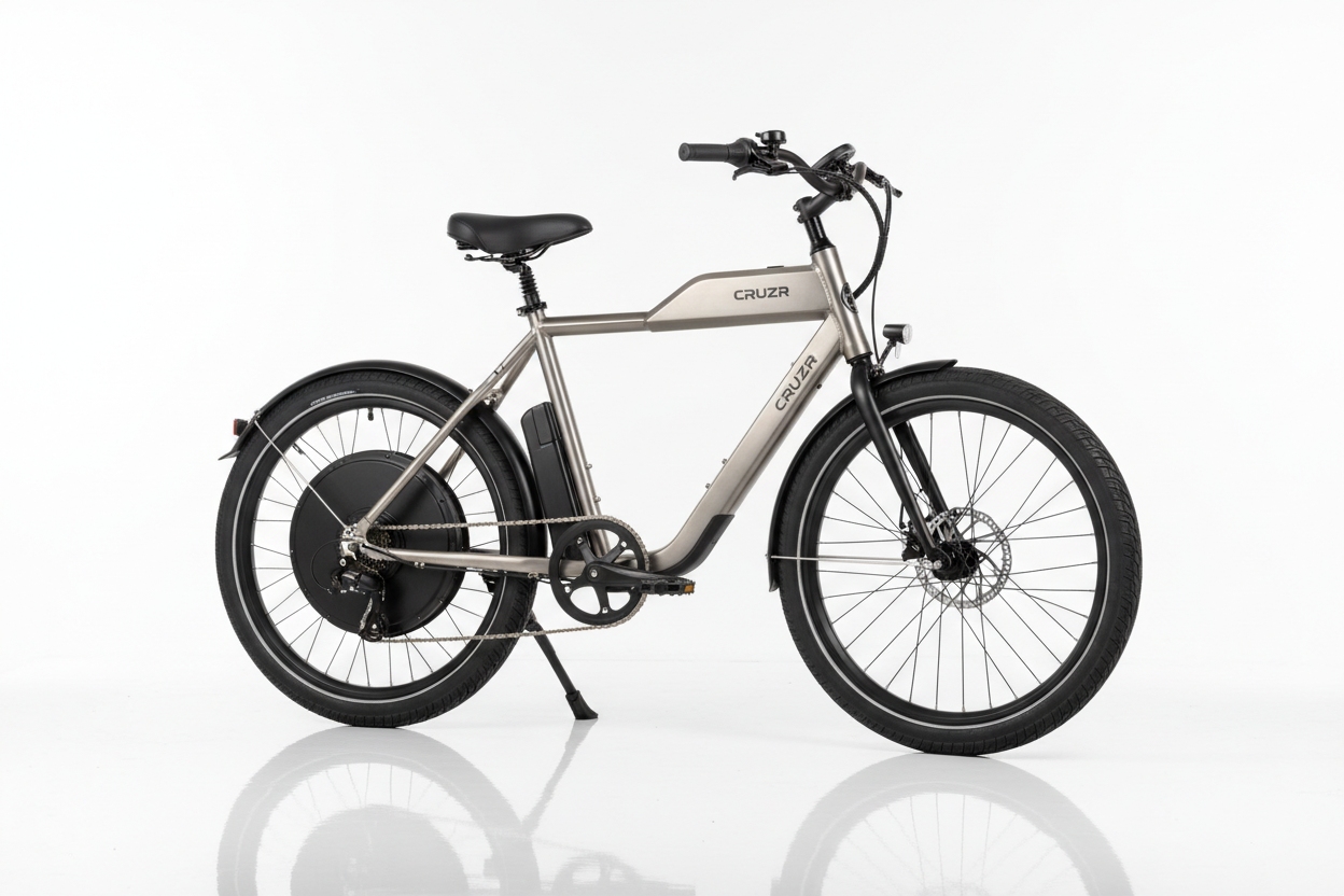 All E-Bikes electric cruiser with beige frame, rear hub motor, front disc brake, black tires, saddle, and kickstand.
